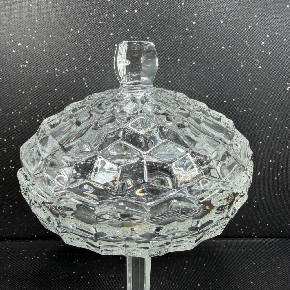 Fostoria American Clear Glass Cubist Pedestal Compote Lidded Candy Dish 9in Tall